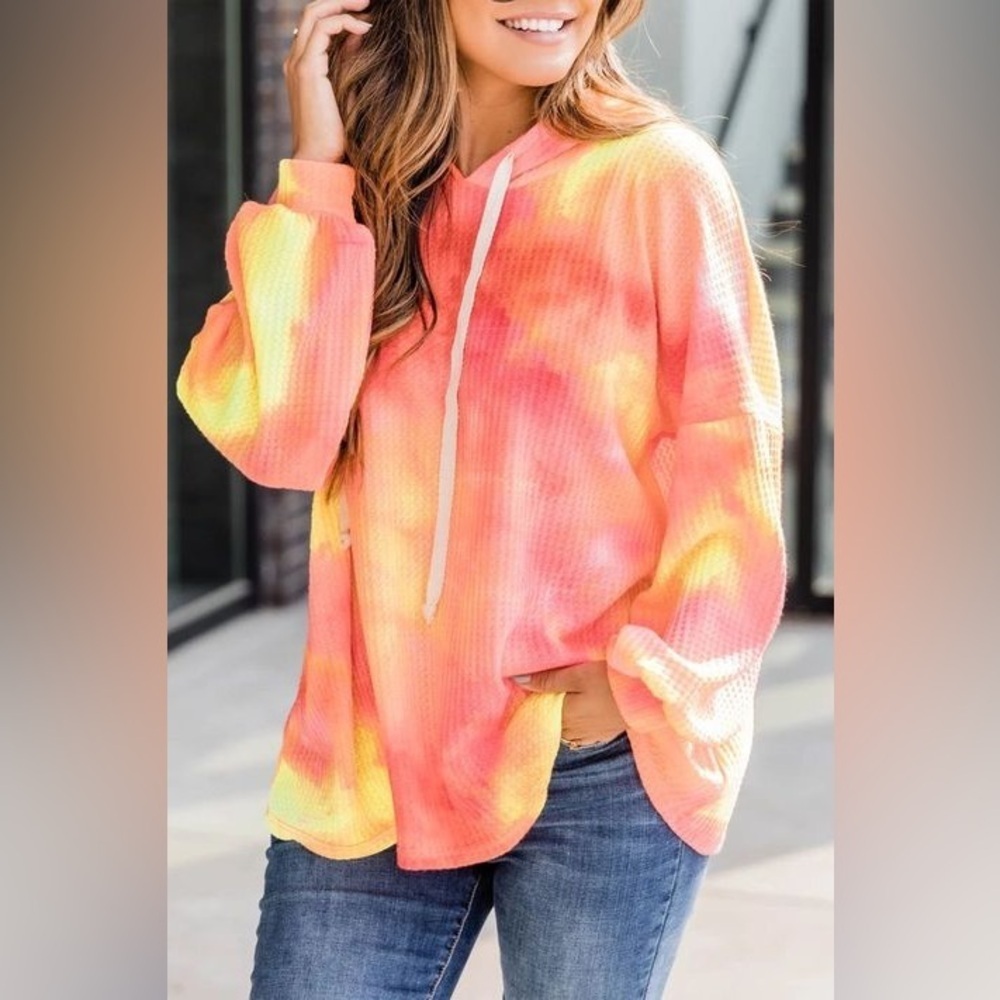 Pink Lily Neon Tie Dye Waffle Knit Oversized Hoodie Top Size Small